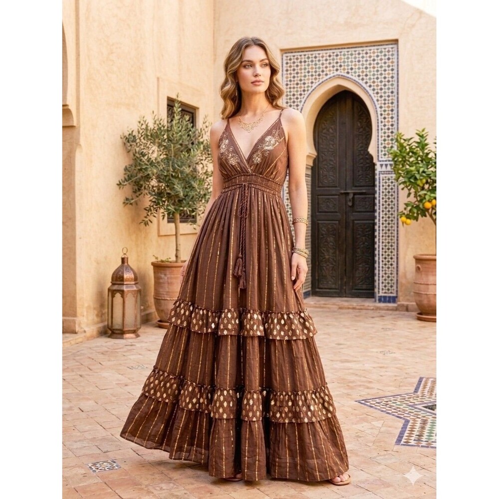 New Tiered Maxi Dress Boho Hippie Brown Metallic  embroidered Gold one size